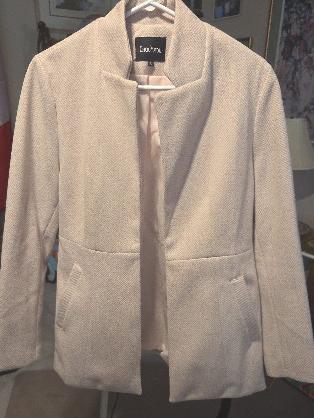 Women's Cream and Light Pink Open-Front Herringbone Blazer Jacket